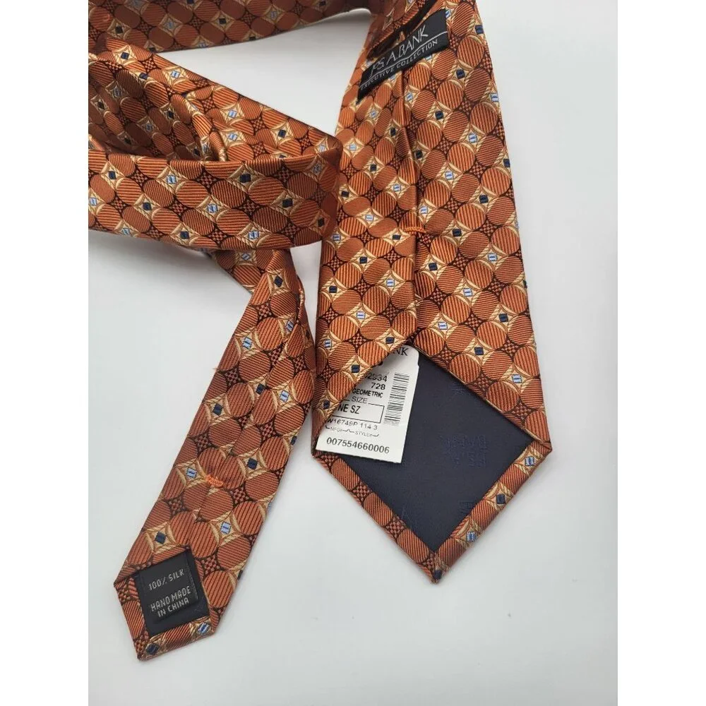 JOS A BANK Men's Geometric Print Rust Orange Blue Neck Tie 100% Silk NWT - Picture 3 of 6